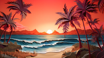 Paper art depicting a tranquil beach scene with palm trees and a serene atmosphere.