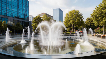 many fountains in the center of a city square