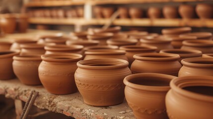 Handcrafted clay pots on shelves in pottery workshop, artisanal craft