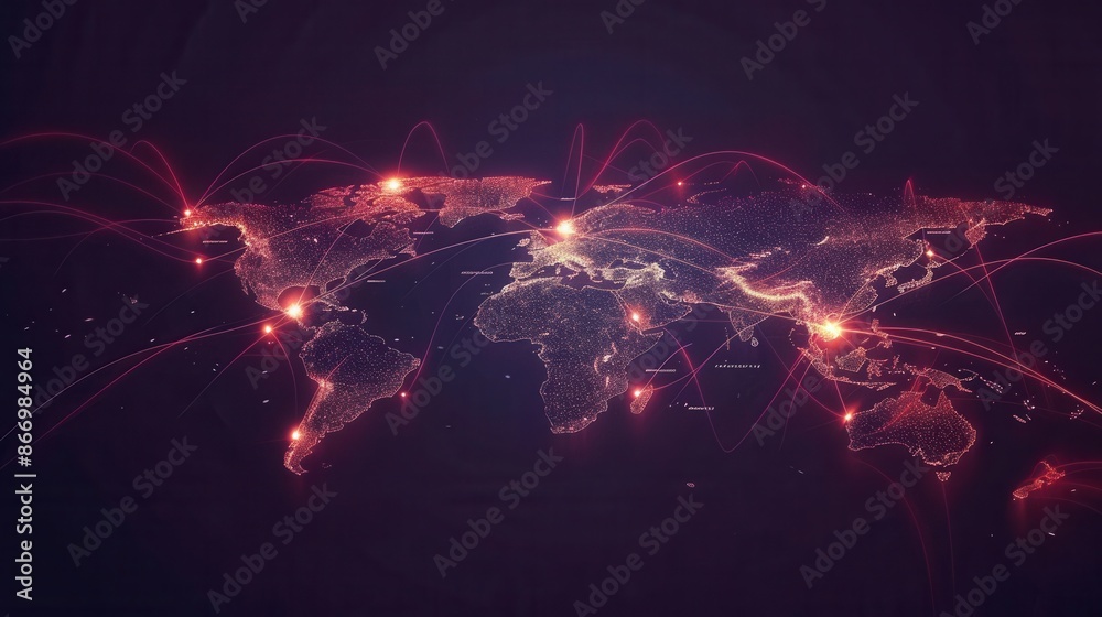 Poster a minimalist world map with glowing red lines highlighting popular travel routes, perfect for travel