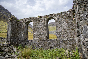 Ruined Welsh Rhosydd Chapel or church. Cwmorthin, Bleneau Ffestiniog, Snowdonia, Gwynedd, North Wales