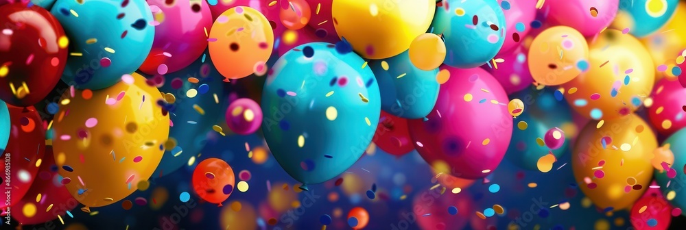 Poster a close-up image of colorful balloons and confetti, perfect for creating a celebratory mood at parti