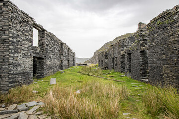 The abandoned Cwmorthin Terrace and Rhosydd Slate Quarry at Blaenau Ffestiniog in Gwynedd, Wales