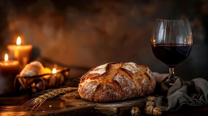 Fototapeta premium Rustic bread with wine and candles in warm lighting, cozy atmosphere. Homestyle dining concept