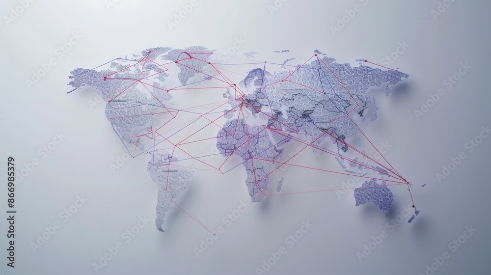 Poster A simple and symbolic world map with highlighted travel routes. Ideal for travel agencies and global booking services. Generative AI