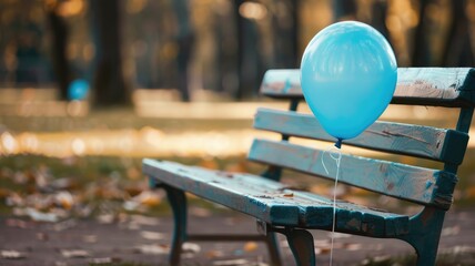 Blue balloon tied to empty bench in park during autumn