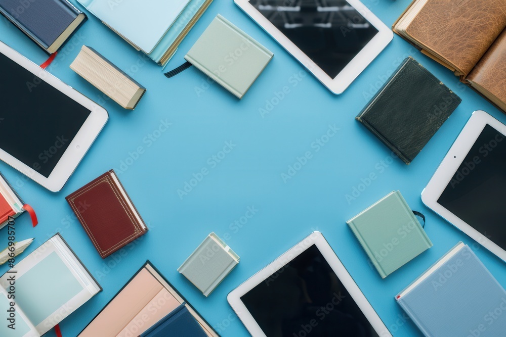 Poster tablets and e-readers arranged on a blue background, showcasing the modern shift toward digital lear