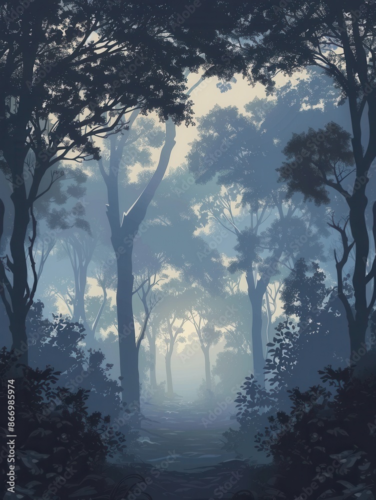 Poster a serene forest scene at dawn, with sunlight filtering through the trees and mist creating a mystica