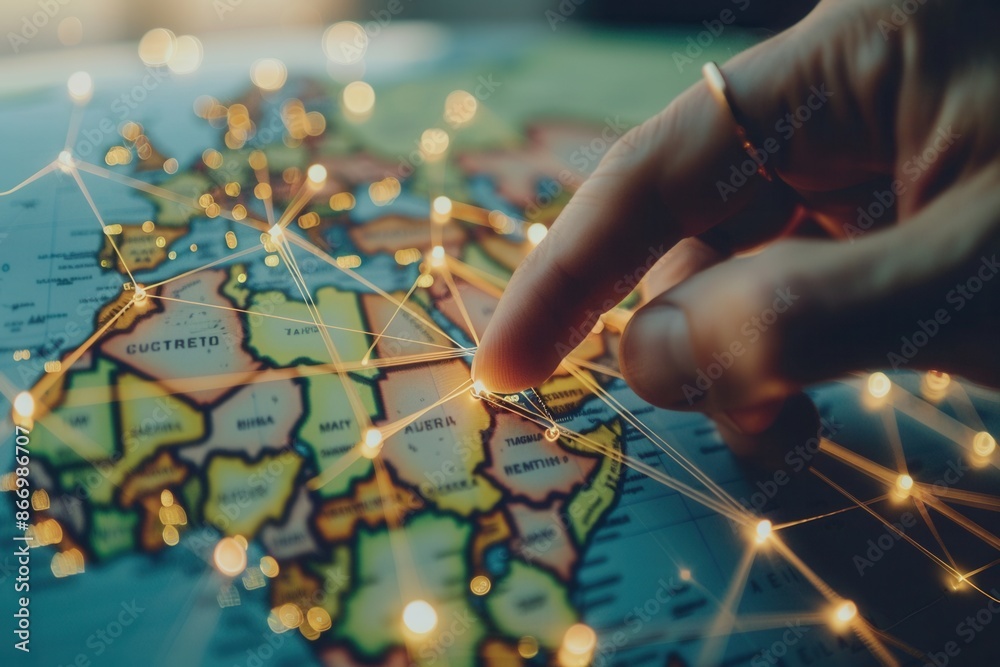 Poster A simple, symbolic image of a world map with illuminated routes, representing global travel and connectivity. Perfect for travel agencies and booking platforms. Generative AI