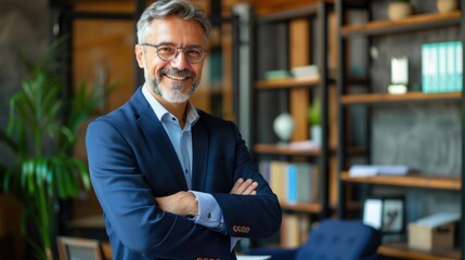 Fototapeta premium Happy middle aged business man ceo standing in office arms crossed. Smiling mature confident professional executive manager, proud lawyer, businessman leader wearing blue suit