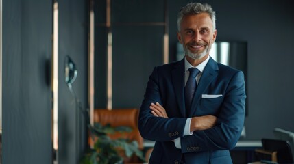 Fototapeta premium Happy middle aged business man ceo standing in office arms crossed. Smiling mature confident professional executive manager, proud lawyer, businessman leader wearing blue suit