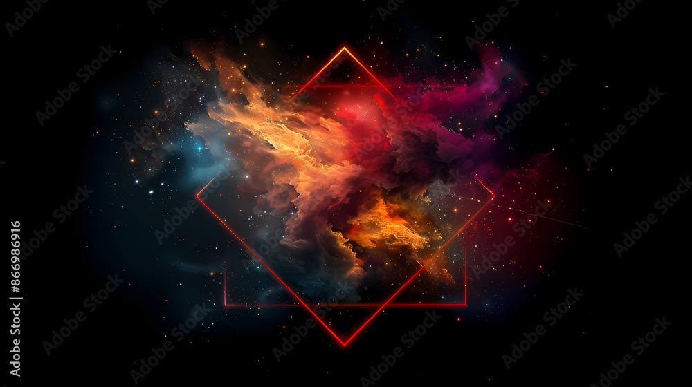 Wall mural spectacular cosmic cloud explosion within transparent square with black background. colorful nebula 