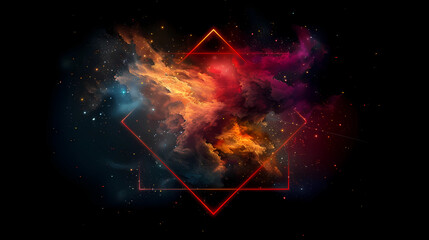 Spectacular cosmic cloud explosion within transparent square with black background. Colorful nebula and stars in space. Digital art for wallpaper and creative design, Generative AI.
