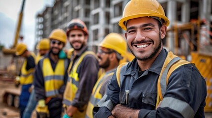 Obraz premium A group of smiling construction workers wearing uniforms