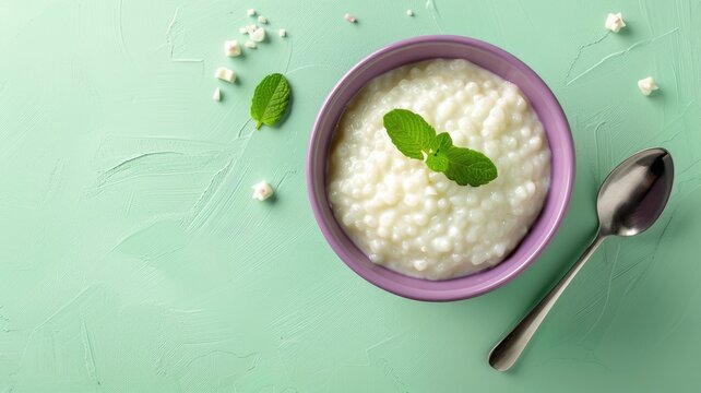 Creamy tapioca pudding garnished with fresh mint leaves in bowl