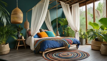 A bohemian bedroom with a canopy bed, vibrant textiles, and indoor plants