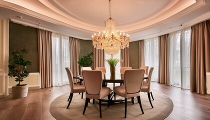 A chic dining room with a round table, elegant chairs, and a chandelier hanging above