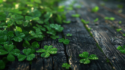 clover leaves, bright green and dewy, artistically spread across a dark, weathered wooden surface