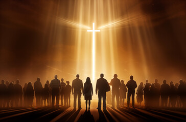 Fototapeta premium A group of people gathered around a glowing cross, bathed in golden spiritual light