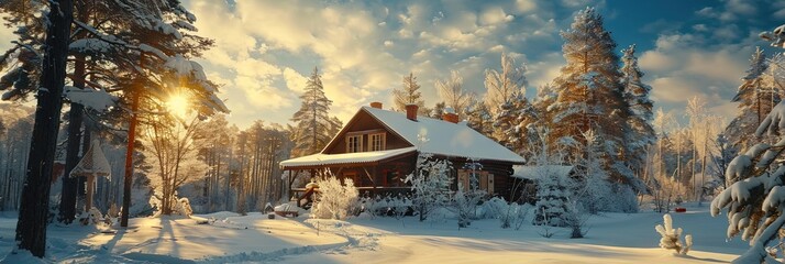 cabin in the woods in the snow, sunny weather, 