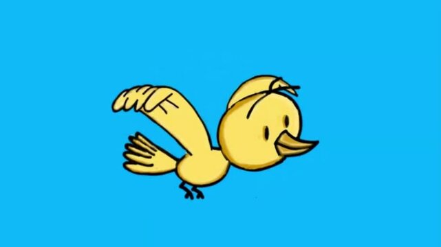 2d cartoon yellow canary flying in the blue sky