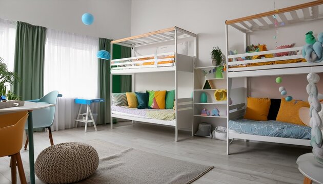 A colorful children's room with playful decor, bunk beds, and plenty of toys