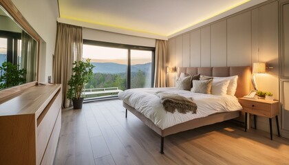 A cozy bedroom with a king-size bed, soft lighting, and a large window with a view