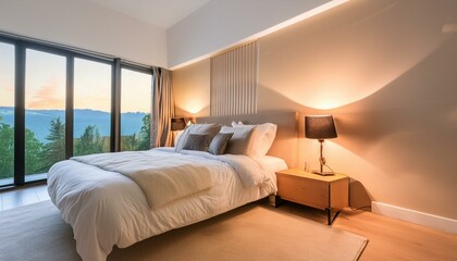 A cozy bedroom with a king-size bed, soft lighting, and a large window with a view