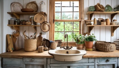  A farmhouse-style kitchen with a farmhouse sink, open shelves, and vintage accessories