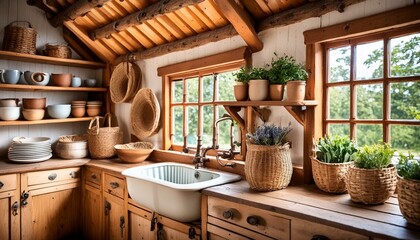  A farmhouse-style kitchen with a farmhouse sink, open shelves, and vintage accessories
