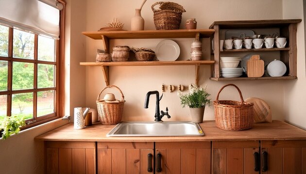  A farmhouse-style kitchen with a farmhouse sink, open shelves, and vintage accessories