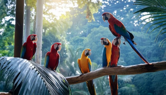A group of colorful parrots perched on a branch in a tropical setting