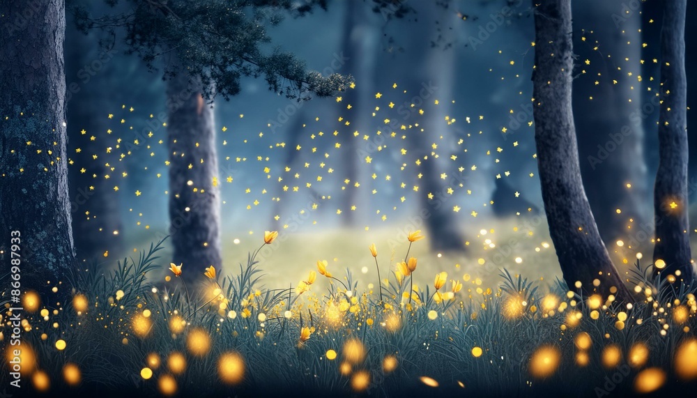 Wall mural  A calm meadow at midnight with fireflies twinkling around. The background has a soft bokeh - Wall murals