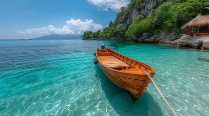 Naklejka premium Wooden boat on turquoise water near tropical island, clear day. Adventure and relaxation concept