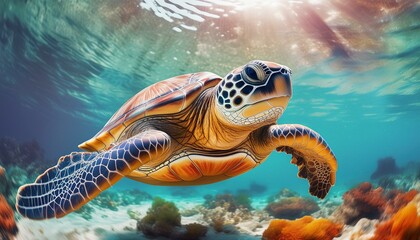 Fototapeta premium A captivating underwater view of a sea turtle navigating through gentle ocean currents, its shell and flippers shimmering in the sun. The turtle's eyes are focused as it swims, its movements deliberat