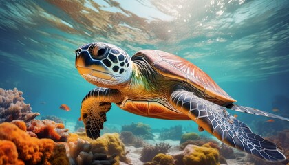 Fototapeta premium A captivating underwater view of a sea turtle navigating through gentle ocean currents, its shell and flippers shimmering in the sun. The turtle's eyes are focused as it swims, its movements deliberat