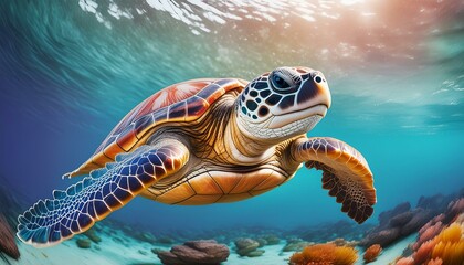 Obraz premium A dynamic scene of a sea turtle diving deeper into the ocean, its streamlined body and grace