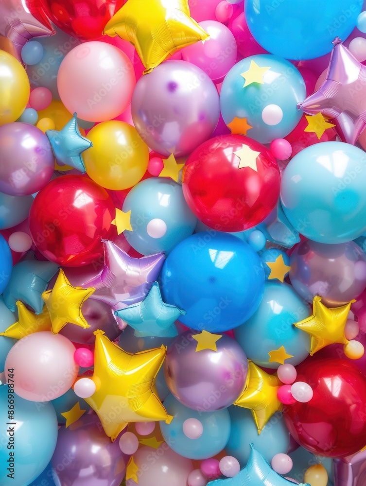 Poster A vibrant and festive backdrop of colorful balloons in various shapes and sizes, perfect for creating a celebratory atmosphere at parties or events. Generative AI