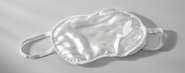 White silk sleep mask on a light gray background, studio shot. Relaxation and sleep concept
