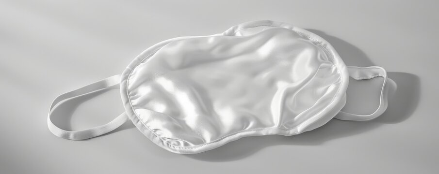 White silk sleep mask on a light gray background, studio shot. Relaxation and sleep concept
