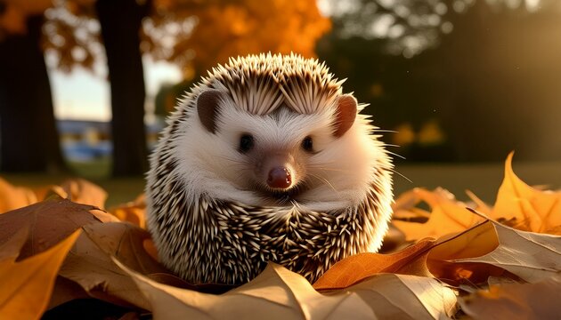A hedgehog curled up in a ball on a bed of leaves