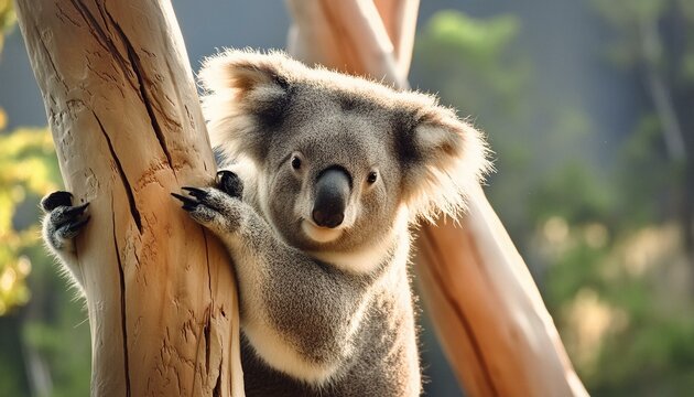 A koala bear climbing a eucalyptus tree