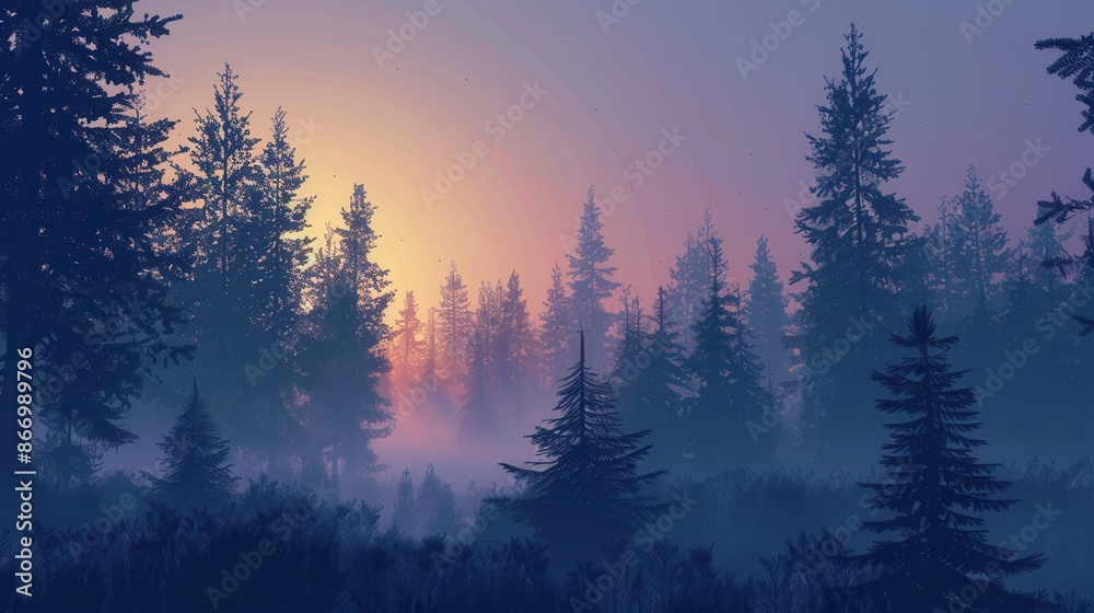 Aufkleber A serene forest landscape at dawn, bathed in the soft glow of the rising sun. Mist swirls through the trees, creating a mystical atmosphere. Generative AI