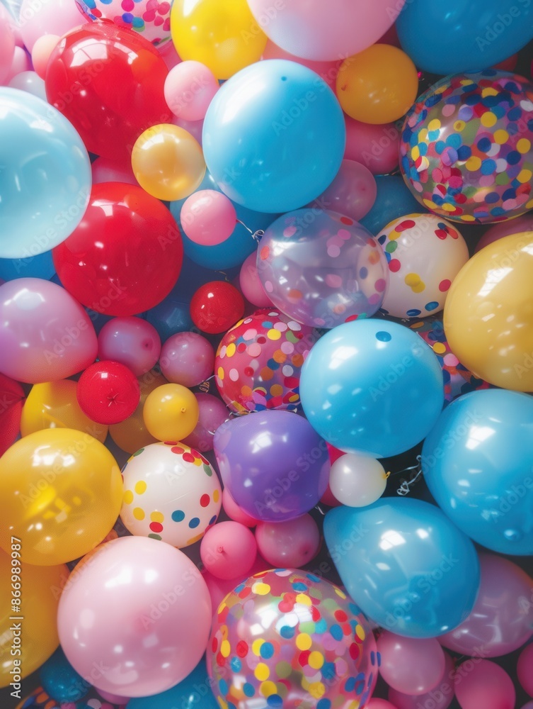 Poster A close-up of colorful balloons in different shapes, sizes, and textures. This image is perfect for showcasing a festive party or event decoration. Generative AI