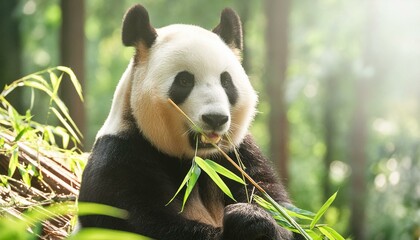 Fototapeta premium A panda bear eating bamboo in a lush green forest