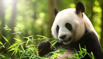 Obraz premium A panda bear eating bamboo in a lush green forest