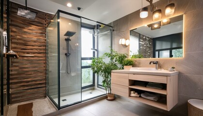 A minimalist bathroom with a walk-in shower, floating vanity, and sleek fixtures