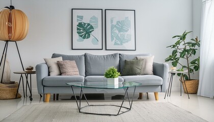 A modern living room with minimalist decor, featuring a gray sofa and a glass coffee table