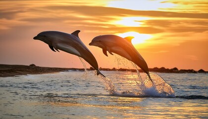 A pair of dolphins jumping out of the water at sunset