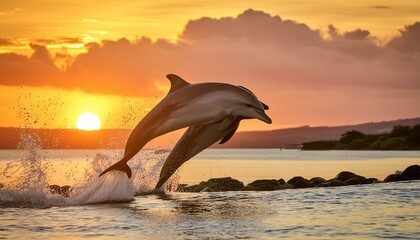 Fototapeta premium A pair of dolphins jumping out of the water at sunset